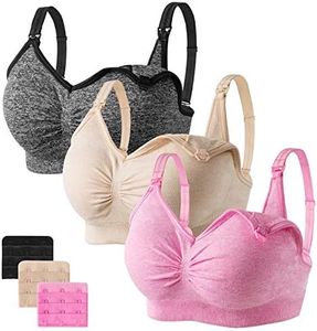 Angelhood Womens Seamless Sleep Nursing Bra,Breastfeeding Maternity Bra with Remove Bra Pads Extenders Pack of 3, Black/Nude/Pink, Large