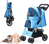 LPOTIUS Pet Stroller for Medium Small Dogs Cats, One-Hand Folding Portable Travel Cat Dog Stroller with Storage Basket and Cup Holder, 4 Wheels, Blue