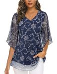 Syphiby Dressy Tops for Evening Wear, Womens Summer Tops for Night Out Rufffle Sleeve V Neck Double Layers Flowy Cute Chic Floral Long Shirts for Leggings, Navy Blue-XL