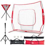 Goplus Baseball Softball Practice Combo, 8.5x7 Feet Training Net, Batting Tee, Ball Caddy, 3 Free Balls, 3 Carrying Bags, Fits All-Level Trainer Hitting, Pitching, Batting, Fielding, Catching (Red)