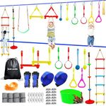 Just.smile Ninja Slackline Ninja Warrior Obstacle Course for Kids-2x52ft with Swing, Rope Ladder,Climbing Bar,Ring,Outdoor Ninja Course Training Equipment Set for Backyard, multicolour