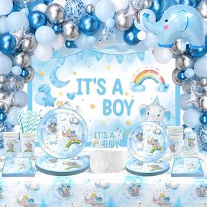 Forniture per baby shower con elefante, include sfondo It's a Boy, piatti, topper per cupcake, tovaglioli, tazze, tovaglie, kit per arco di palloncini blu, per baby shower, decorazioni per feste di