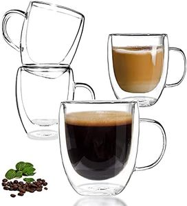 Double Walled Glass Coffee Mugs, Set of 4 Clear Glass Coffee Mugs with Handle, 350ML Glass Tea Cups, Smoothie Cup Insulated Coffee Mug for Latte, Cappuccinos, Hot/Cold Drink