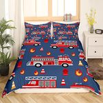 Feelyou Cartoon Car Duvet Cover Fire Truck Bedding Set for Kids Boys Girls Teens Room Decor Firefighter Comforter Firemen Vehicle Engine Blue Red Bedspread 3Pcs Zipper Full Size