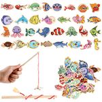 Tikplus Magnetic Fishing Games for Kids, 33 Pcs Wooden Fish Educational Toys with Magnetic Rod, Magnets Learning Games Fishing Game for Kids Learning Sea Animals