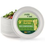 Juertime Strong Paper Plates 9 inch- 100 Pack Heavy Duty Disposable Bagasse Plates - Eco-Friendly, Compostable, Biodegradable - Perfect for Party, Picnic, BBQs