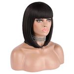 eNilecor Short Bob Hair Wigs 12" Straight with Flat Bangs Synthetic Colorful Cosplay Daily Party Wig for Women Natural As Real Hair+ Free Wig Cap (Black)