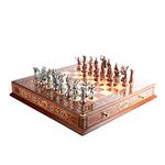 Historical Antique Copper Rome Figures Metal Chess Set for Adult,Handmade Pieces and Natural Solid Wooden Chess Board with Original Pearl Around Board and Storage Inside King 4 inc