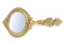 KridayKraft Beautifully Carved Round Shape Framed Gold Plating Metal Hand Mirror For Makeup, Travelling, Salon Mirror & Decorative Mirror Antique Item For Wedding Gifts.