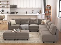 LLappuil Modular Sectional Sofa Waterproof, Anti-Scratch and Antistatic Fabric L Shaped Corner Sofa Set with Ottomans, Oversized 9 Seater Modular Couch with Storage, Brown