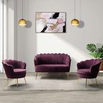 woodheart Shop 3 Piece Velvet Living Room Furniture Set, Including Loveseat & 2 Sofa Chairs, Modern Comfy Upholstered 2-Seater Sofa & Accent Chair Set for Bedroom (Purple)