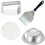 HTT GLOBAL Burger Press Kit with Burger Smasher - Burger Making Kit with Smash Burger Press, 12'' Burger Flipper, 9'' Cheese Melting Dome & 50 Wax Discs - BBQ Griddle Accessories Kit for Burger (4Pcs)