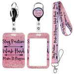 Pink Lanyard for Keys ID Card Holder with Retractable Reel Clip Keychain Cute Neck Strap Lanyard for Women Kids, Positive