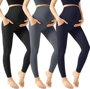 HEGALY Women's Maternity Workout Leggings Over The Belly - Casual Pregnancy Yoga Pants with Pockets Activewear Pants 3 Pack, 3 Pack-black/Grey/Nave Blue, XX-Large