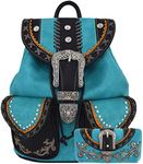 Western Style Tooled Buckle Women Country Backpack School Bag Concealed Carry Daypack Biker Purse Wallet (Turquoise Set)