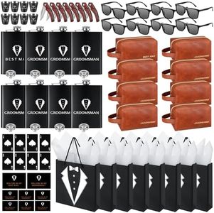 70Pcs Groomsmen Gifts Groomsmen Proposal Box with Flasks Sunglasses PU Leather Toiletry Bag Bottle Opener for Wedding Groomsman Best Man Gift