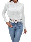 Floerns Women's Ruffle Trim Lace Scalloped Hem Long Sleeve Blouse Tops, Clear White, Large