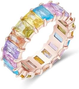 AFFY Eternity Rainbow Ring 18K Rose Gold Plated Emerald-Cut Multi Color AAA Created-Gemstone Rainbow Ring, Stackable Ring, Wedding Band for Women Gift For Her (Ring 1, Size 5)