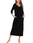 Leversic Women's Long Nightdress 3/4 Sleeve Cotton Long Nightgown Button V Neck Soft Nighties Loose Fit Women’s Dressing Gown With Pockets(Black,L)