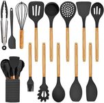 Home Hero Silicone Kitchen Utensils Set with Wooden Handle - Non-Stick Silicone Cooking Utensils Set - BPA Free Silicone Spatula Set - Heat Resistant Wooden Kitchen Utensil Set (14 Pcs - Black)