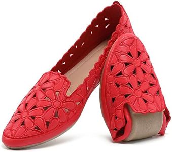 HEAWISH Women's Floral Ballet Flats for Women Black Beige Slip On Flowers PU Leather Round Toe Dress Shoes(Red,US11)