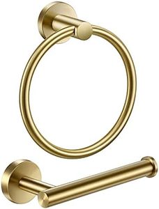 Pynsseu Brushed Gold Bathroom Accessories, SUS 304 Stainless Steel Wall Mount Hand Towel Ring Toilet Paper Roll Holder Hardware Set - 2 Pieces