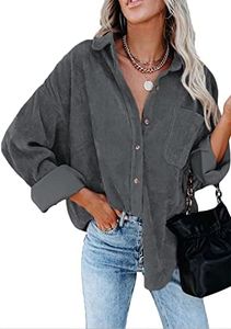 YMING Women's Loose Blouse Casual Corduroy Shirts Lightweight Shirts Long Sleeve Shirts Dark Grey L