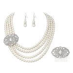 Ever Faith Crystal Ivory Multilayer Simulated Pearl Bridal Jewelry Set, 1920s Vintage Gatsby Chandelier Necklace with Brooch, Elegant Necklace Earrings Hair Comb Set for Woman