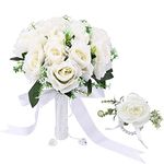 Gukasxi Bridal Bouquet Artificial Rose and Wrist Flower,Wedding Bouquets for Bride Bridesmaid Bouquet Wedding Romantic Bouquet Bride Artificial Flowers Valentine's Day Confession Party Church