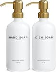 Luxury Glass Hand and Dish Soap Dispenser Set by Brighter Barns - Kitchen Soap Dispenser Set & Stainless Steel Pump - Gold Soap Dispenser for Kitchen Sink - White and Gold Kitchen Accessories (Gold)