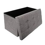 Dripex Large Folding Storage Ottoman Box Toy Chest and Footstool Grey Linen Fabric, Chest with Lid, 80L Capacity, Comfy Sponge Bench Space Saving 76 x 38 x 38 cm