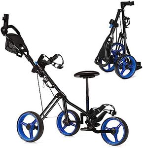 Tangkula Lightweight Folding 3-Wheel Golf Cart with Seat, Scoreboard Bag, Foot Brake, Cup & Umbrella Holder, Height-Adjustable Handle