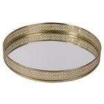 Craft Brio -A TRENDY HANDICRAFTS Round Glass Mirror Gold Plated Tray Decorative Vanity Perfume Storage Pooja Wedding Gifting Metal Laser Cutting Trays (25 X 3 H cm)