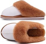 KuaiLu Womens Slippers, Fluff Dual Memory Foam Slippers Ladies Cozy Arch Support Warm Scuff Slippers Slip on Comfy Winter House Shoes with Non-Slip Indoor Outdoor Hard Sole WhiteKhaki 8