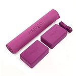 Myga Yoga Starter Set - Yoga Mat, 2 Yoga Blocks and Yoga Strap - Starter Kit with Mat, 2 Bricks & Metal D Ring Belt for Beginners in Yoga, Pilates & Fitness - Home Studio Gift Set - Plum