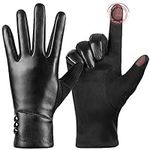 Winter Fashion Leather Gloves for Women, Touch Screen Wool Lined Outdoor Windproof Warm Suede Driving Dress Gloves