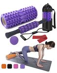 Foam Roller Set Includes Hollow Core Massage Roller,Muscle Roller Stick,Massage Ball,Stretching Strap,Exercise Resistance Bands, Storage Bag,for Deep Tissue Massage, Pain Relief of Back, Legs, Exercise( 6 in 1 ) (Purple)