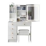 Hikooo Vanity Desk Set with LED Lighted Mirror, Vanity Mirror with 3 Open Shelves and 3 Hidden Shelves, 3 Lighting Modes Adjustable Brightness Dresser, Bedroom, White