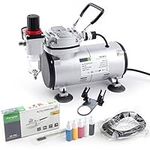 Timbertech Airbrush Kit with Compressor AS18-2K Basic Start Kit with Air Hose, Cleaning Brush & Test Paints for Hobby, Body Tattoo, Graphic and Any Other Airbrush Application