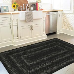 Homespice Jet Black Braided Rugs Runners 22x72 - Primitive Style Braided Runner Rug for Kitchen and Hallways