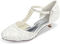 JIAJIA 01129 Women's Bridal Shoes Closed Toe T-Strap 1.8'' Low Heel Lace Satin Pumps Imitation Wedding Shoes Color Ivory,Size 8 B(M) US/39 EU