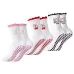 PROBEROS® 3 Pairs Women's Yoga Socks Pilates, Floor Socks, Breathable Cotton, Moisture-wicking Fashion Crew Grip Socks, Sweet Embroidery with Ruffles Cuff Design, Sport Socks for Daily, Workout