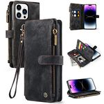 Vofolen for iPhone 14 Pro Case Wallet Case with Card Holder Slots Leather Wallet Flip Stand Case Wristlet Zipper Magnetic Closure Shockproof Protective Case Cover for iPhone 14 Pro Phone Case-Black