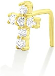 Vinali 14K Yellow Gold CZ Dainty Tiny Cross Nose Ring, Small Cross L Shape Nose Stud for Nose Piercing, 0.23in, for Women, Daily Wear, Gift for Her, Polished Finish