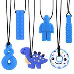 Sensory Chew Necklaces 6 Pack Made of Food Grade Silicone for Kids, Baby's Safe Teething Teethers Toy for Boys and Girls with Teething, Biting Needs, Oral Motor Chewy Teether, ADHD(Blue)