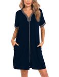 SWOMOG Women Zipper Front Robe Short Sleeve House Coat Knee Length Bathrobe Night Gown Soft Loungewear with Pockets, Deep Navy Blue X-Large