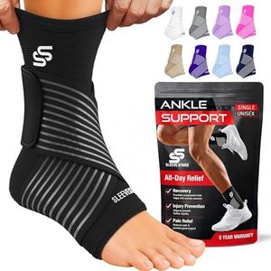 Sleeve Stars Ankle Brace for Women & Men, Ankle Wrap for Sprain, Compression Sleeve for Plantar Fasciitis Relief, Easy Customizable Support: w/Removable Strap (Single/M:10"-12"/Black)