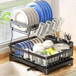 SAYZH Dish Drainer Rack, Detachable 2 Tier Dish Draining Rack and Drain board Set, Large Capacity Dish Drainer Organizer Shelf with Utensil Holder, Cup Rack for Kitchen Counter, Black