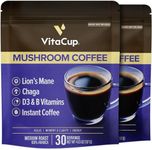 VitaCup Mushroom Instant Coffee | For Memory & Clarity Support | with Fiber, Chaga, Lion’s Mane | D3 & B Vitamins | Medium Roast 100% Arabica & Robusta Instant Coffee | 2 Bags, 60 Servings