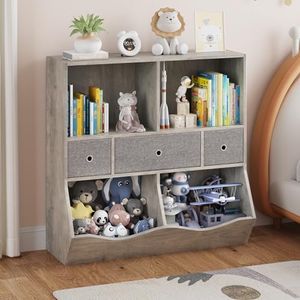 Amyove Kids Bookshelf and Bookcase Toy Storage Multi Shelf with Cubby Organizer Cabinet and Drawers for Boys Girls,for Children's Room, Playroom, Hallway, Kindergarten, School,Bedroom (Grey)